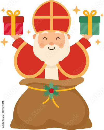 Cute flat style illustration of Sinterklaas (Saint Nicholas). Happy and Cute Sinterklaas or Saint Nicholas holding gift. Cute Sinterklaas Flat Design Vector Illustration in Transparent Background.
