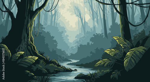 This pixel art illustration captures a serene river winding through a dense jungle, bathed in soft, ethereal light, creating a mysterious and captivating habitat.