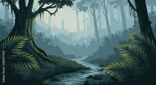A serene pixel art depiction of a mysterious jungle river flowing through a dense, misty forest with ancient trees and lush tropical foliage.