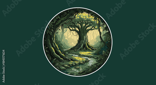 A captivating digital illustration features a majestic ancient tree with roots and a winding stream, nestled within an enchanting forest, framed circularly.