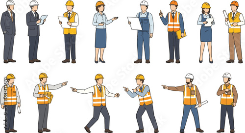 Construction workers and engineers illustration wearing safety helmets, showing professional poses for industrial building project teamwork isolated on white background