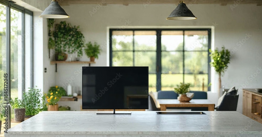 Fototapeta premium Bright kitchen interior features large windows, plants, modern tv. Comfortable living space blends seamlessly with nature outside.