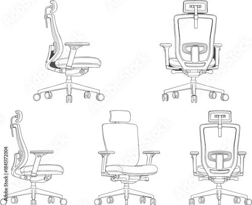 Office chair line art illustration showing ergonomic swivel chairs from multiple angles isolated on white background, modern workplace furniture design