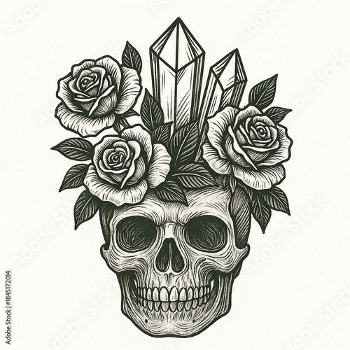 Detailed gothic skull illustration with roses and crystals, combining dark floral aesthetics, mysticism and vintage