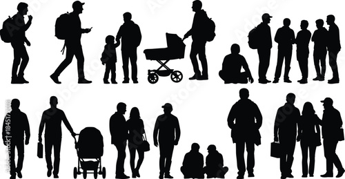 People silhouettes collection showing adults children families with backpacks and strollers walking and standing isolated on white background