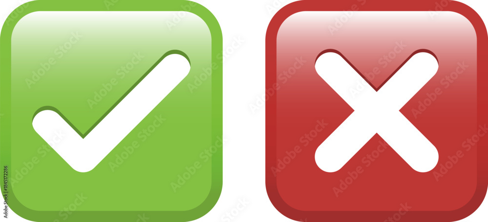 Fototapeta premium Green check mark emoji icon and red cross mark icon, approval and denial button signs. Glossy square symbols with white tick and white X inside. Isolated vector illustration.
