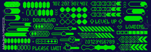 Pixel art set of load bars and game elements drawn in the style of the 90s. Green icons on blue background.