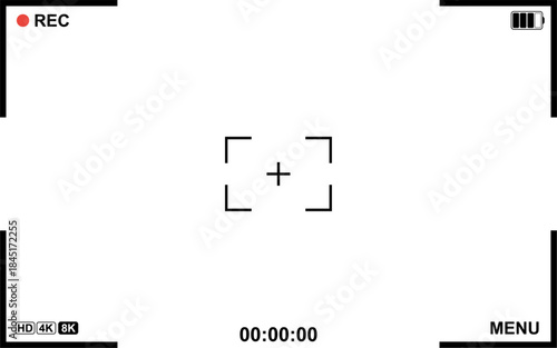 Minimalistic camera viewfinder interface designed for video recording overlays. Includes REC indicator, frame markers, timer, resolution icons, ISO menu, and digital UI elements.