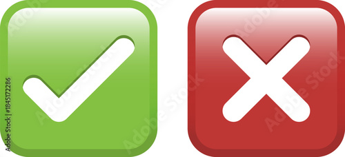 Green check mark emoji icon and red cross mark icon, approval and denial button signs. Glossy square symbols with white tick and white X inside. Isolated vector illustration.