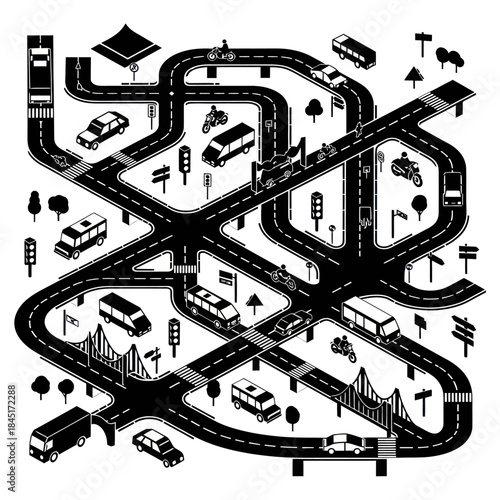 Complex Highway Interchange with Vehicles and Signs.