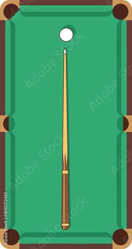 Top-down view vector of a billiards table. Featuring a green felt surface, pockets, a cue stick, and a white cue ball ready for a shot. Ideal for game room signs, flyers, and leisure activity designs.