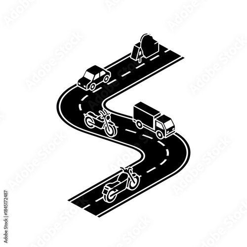 Vehicles Travelling on Winding Road Illustration.