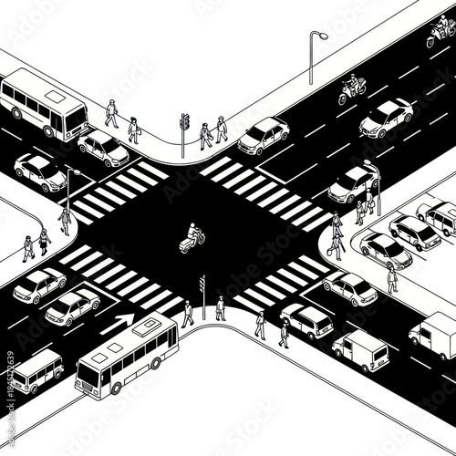 Busy City Street Intersection with Vehicles Pedestrians.