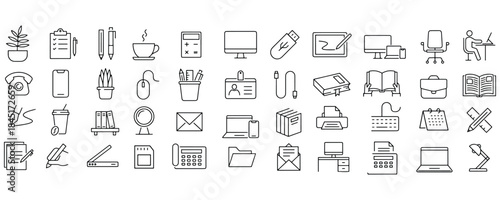 Monochrome vector line-art icon set featuring office supplies