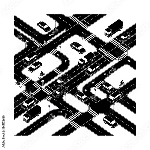 Black and White Highway Interchange with Vehicles.