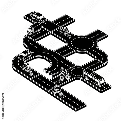 Black and White Highway Interchange Illustration.