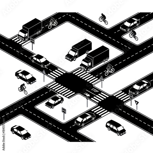 Black and White Road Intersection with Vehicles and Pedestrians.