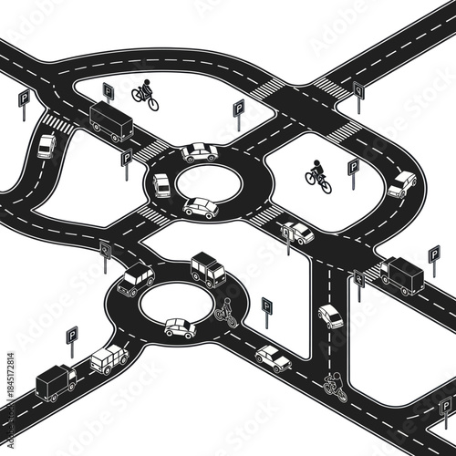 Complex Highway Interchange with Vehicles and Cyclists.