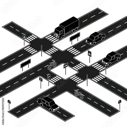 Illustration of Road Intersection with Vehicles.