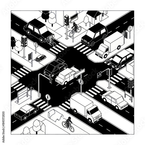 Black and White City Street Intersection Scene.