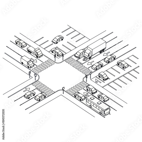 Vehicles at a Multi Lane Intersection.