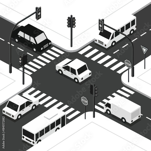 Vehicles at a busy city intersection.