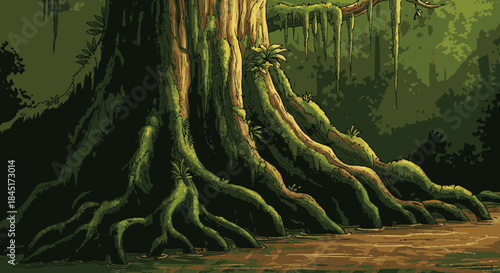 A detailed pixel art illustration showcases the massive, moss-covered trunk and intricate root system of an ancient tree thriving in a mysterious, dark jungle environment.