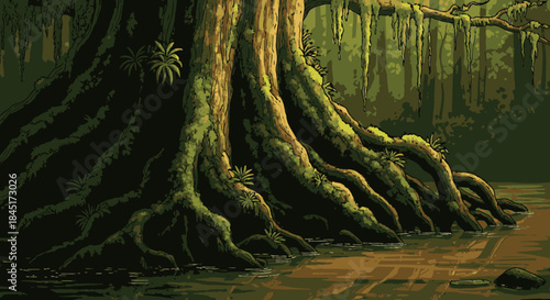 This evocative pixel art scene depicts the sprawling, ancient roots of a magnificent swamp tree deeply embedded in murky waters, creating a mysterious natural habitat.
