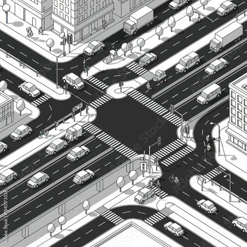 Isometric City Street Intersection with Traffic.