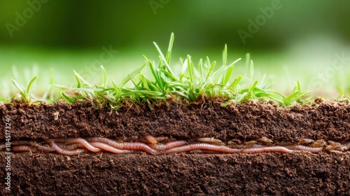 Earthworms in soil with grass and dirt