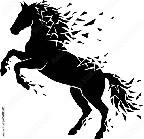 Exploding Rearing Horse Silhouette Vector. Abstract Shattered Geometric Black Fragments Isolated on White for Dynamic Design