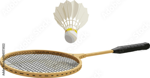 Badminton racket and shuttlecock isolated on white background sports equipment vector illustration for training and competition