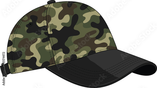 Camouflage baseball cap vector illustration with adjustable strap, military style hunting outdoor headwear isolated on white background