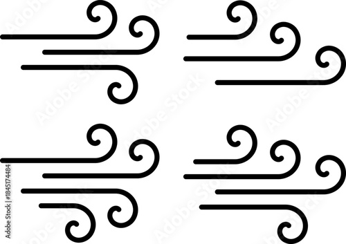 Collection of curved airflow outline graphics representing wind movement, suitable for weather apps, UI, and infographic elements. Set of swirling wind line icons depicting air flow, motion, and