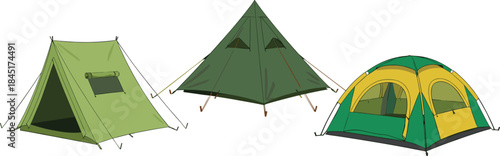 Camping tents vector set with different outdoor shelter designs for hiking adventure travel and nature activities