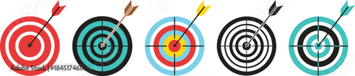 Colorful archery target set with arrows hitting bullseye, modern flat vector illustration for sports training and competition design