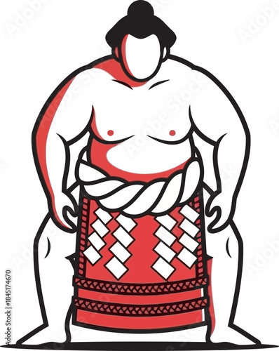 Powerful vector illustration of a Sumo wrestler in the shiko stance, featuring a ceremonial red and white belt (keshō-mawashi). Great for martial arts, Japanese culture, strength, and sport design.