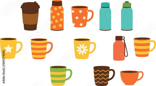 PrintColorful mugs and reusable water bottles vector set for coffee tea travel drinkware isolated on white background