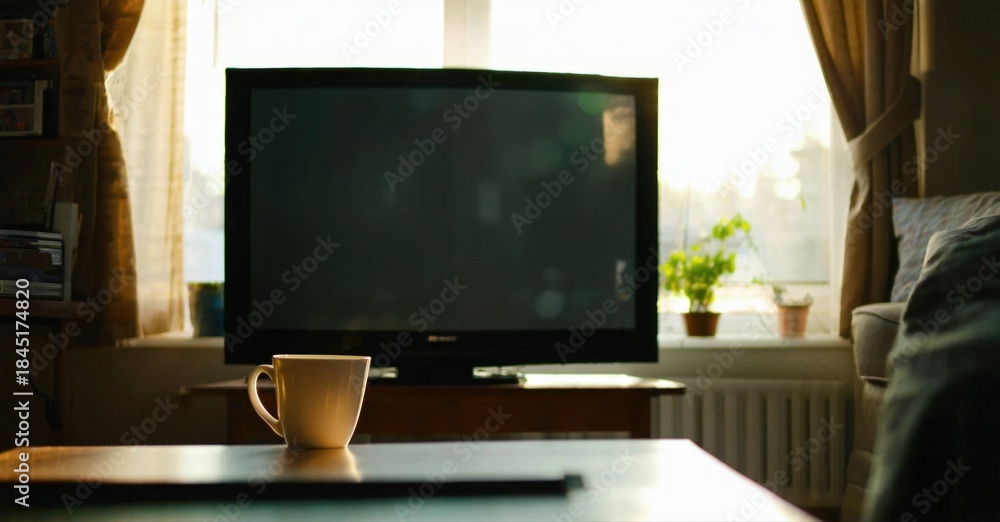 Fototapeta premium Cozy interior scene. Television dominates view, mug rests on table. Warm light filters through window, creating soft ambiance.