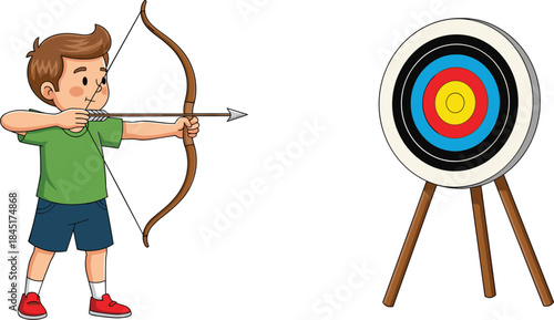 Cute boy practicing archery with bow and arrow aiming at target board, children sports training vector illustration