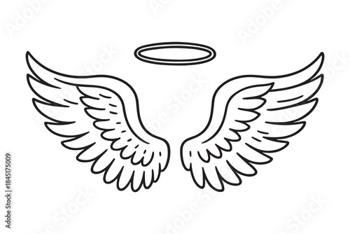 Simple illustration of beautiful ethereal angel wings with a radiant halo above