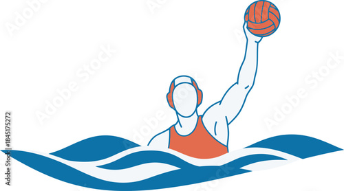 Stylized vector of a Water Polo player rising from the waves, holding a ball overhead ready to shoot. Ideal for aquatic sports, swimming, team competition, and dynamic fitness and swimwear designs.
