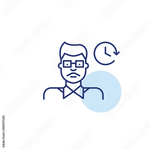 Indian man wearing glasses and clock. Daily routine, time tracking and work schedules. Pixel perfect, editable stroke vector icon