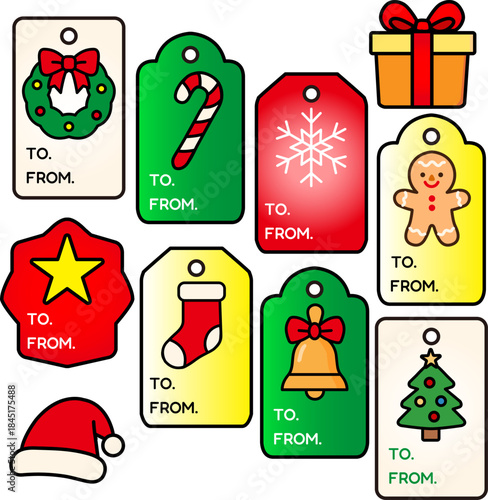 Printable Christmas gift tags in 12 unique shapes and layouts. Clean, modern vector designs for gift wrapping, packaging, crafts, and holiday decorations. Editable vector artwork included.
