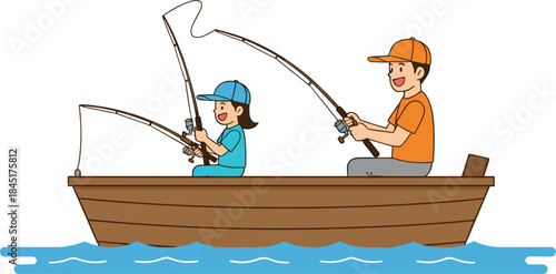 Father and child fishing together on wooden boat illustration showing family bonding, leisure activity, and outdoor recreation concept