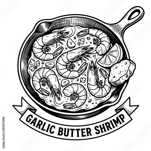 Garlic butter shrimp in skillet.