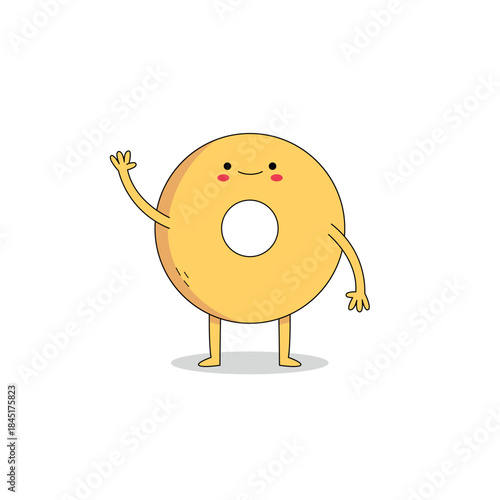 Cute donut cartoon character waving hand hi doodle