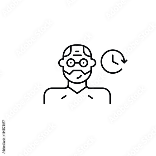 Middle-aged man wearing glasses and clock. Daily routine, timeless tracking and work schedules. Pixel perfect, editable stroke vector icon