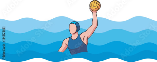 Vibrant vector illustration of a Water Polo player in blue gear, raising the ball above the water. Perfect for sports, swimming, and youth-oriented aquatic fitness and competition designs.