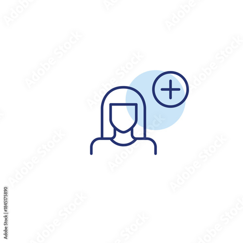 User profile update, paid membership. Female user and plus. Pixel perfect, editable stroke vector icon